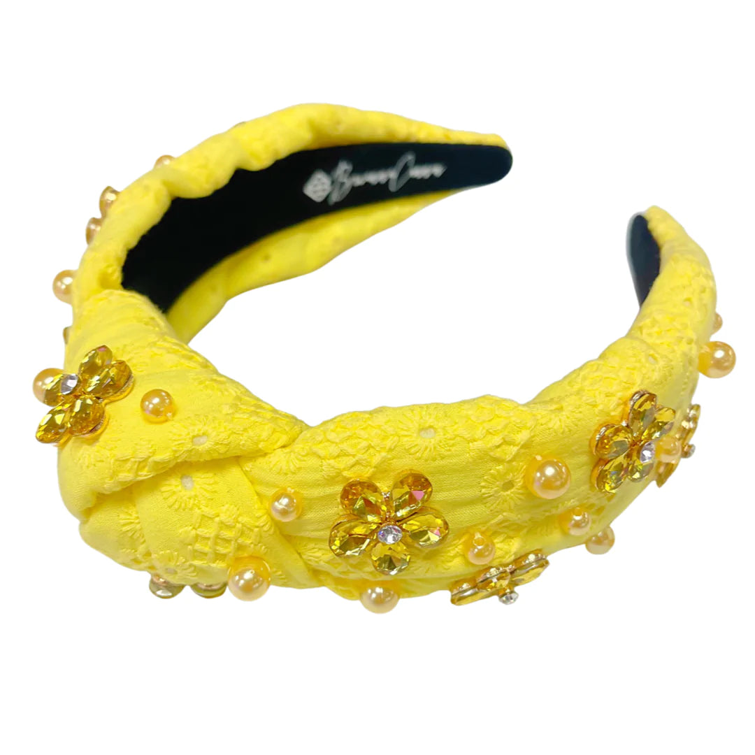 Yellow Eyelet Headband with Crystal Flowers