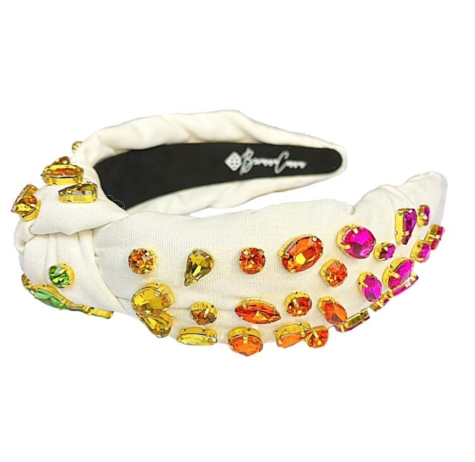 Ivory Headband with Rainbow Gradient Hand-Sewn Crystals