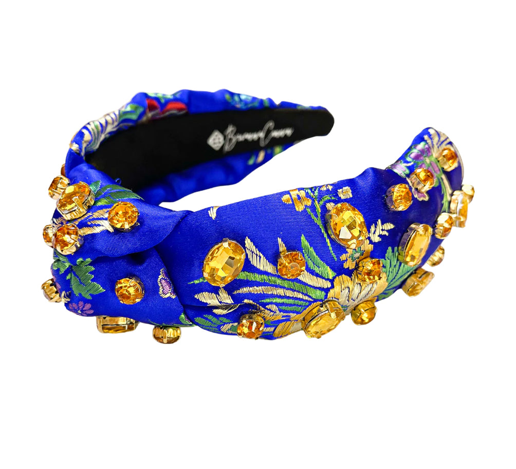 Royal Blue Silk Floral Headband with Hand-Sewn Crystals