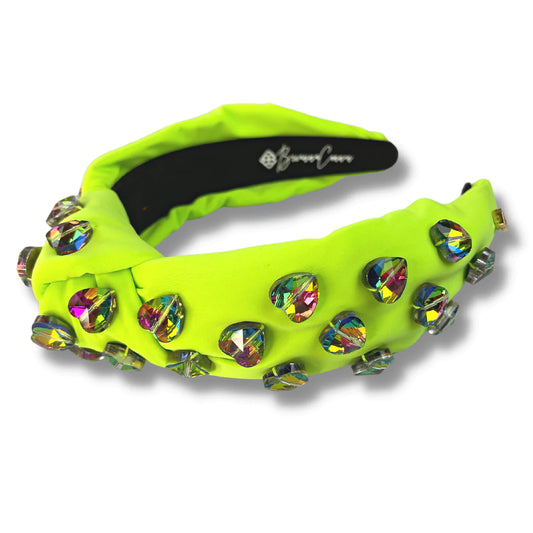 Neon Green Headband with Rainbow Heart Crystals