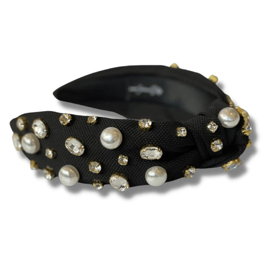 Black Twill Headband with Large Pearls and Crystals